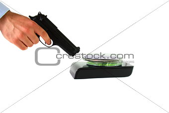 man holding pistol to database cyber war concept