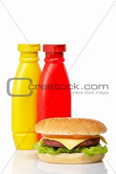 Cheeseburger with mustard and ketchup