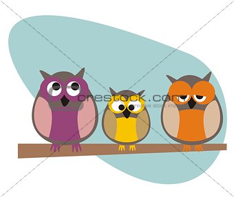Vector funny, staring owls family sitting on branch on a sunny day illustration isolated on white background