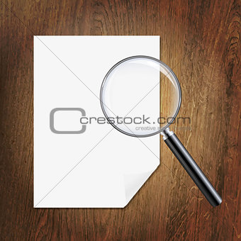 Wooden Background With Magnifying Glass And Paper