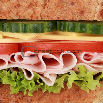 Macro shot of a sandwich with ham