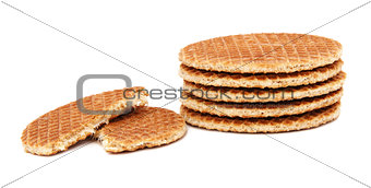 Stroopwafels, Dutch caramel waffles piled up, with one broken in