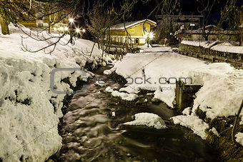 Mountain River in Megeve at Night, France