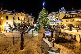 Illuminated Central Square of Megeve on Christmas Eve, French Al