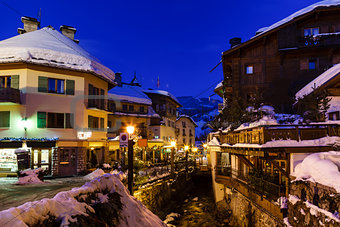 Illuminated Street of Megeve on Christmas Night, French Alps, Fr