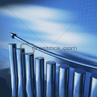 blue metallic columns of diagram with arrow on a water surface