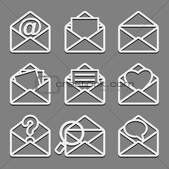 Mail envelope web icons set on dark background.