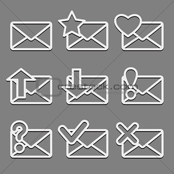 Mail envelope web icons set on dark background.