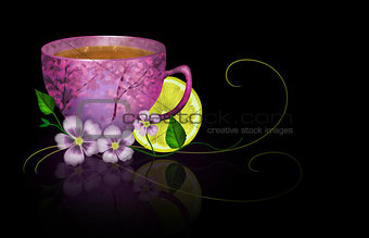 Cup of tea with lemon and flowers