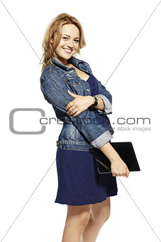 Woman holding touchpad tablet