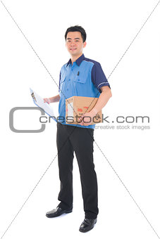 asian delivery dispatch boy delivering a package isolated agains