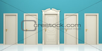 Five doors on a blue background