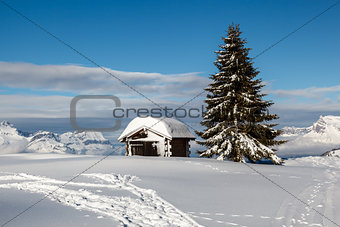 Small Hut on the Mountain Peak in French Alps, Megeve, France