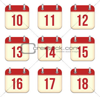 Vector calendar app icons. 10 to 18 days