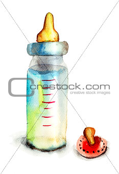 Baby bottle with milk and pacifier