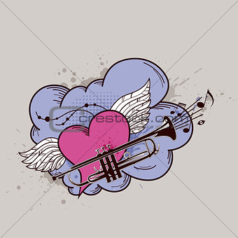 Heart with wings and trumpet