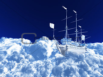 white ship soaring in cumulus clouds against the blue sky