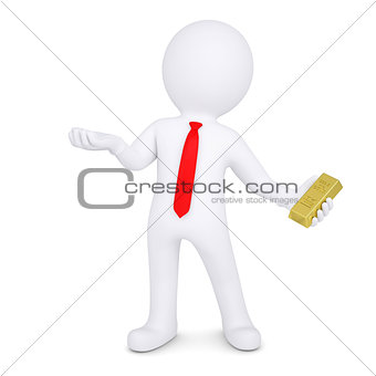 3d man with gold holds out his hand