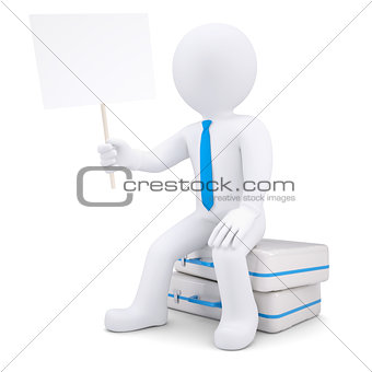 3d man sitting on suitcase and holds the poster