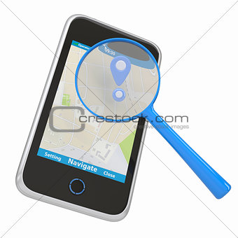 Smartphone with map and magnifying glass