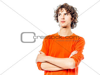 young man suspicious looking up portrait