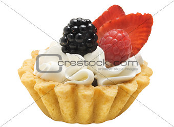 Cake basket with cream and berries, isolated