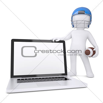 3d man in a football helmet holds laptop