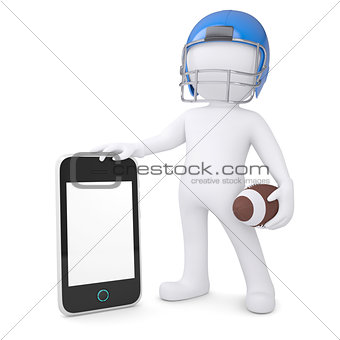 3d man in a football helmet holds smartphone