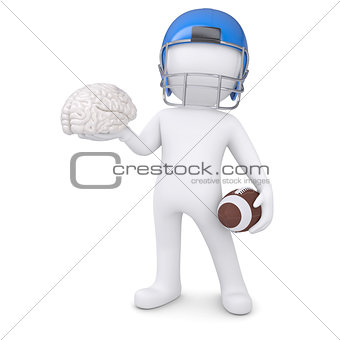 3d man in a football helmet keeps the brain