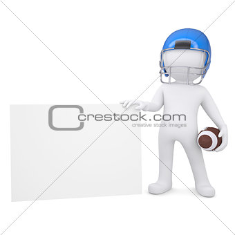 3d man in a football helmet holds blank card