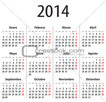 Spanish Calendar for 2014. Mondays first