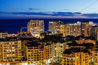 Aerial View on Illuminated Fontvieille and Monaco Harbor, French