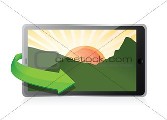 tablet with a landscape picture.