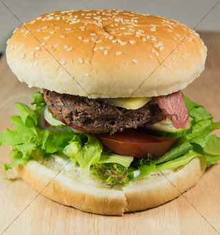 A freshly prepared hamburger