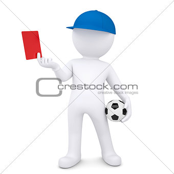 3d white man with soccer ball shows red card