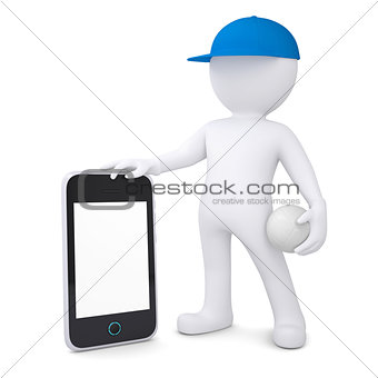 3d man with volleyball ball holding smartphone
