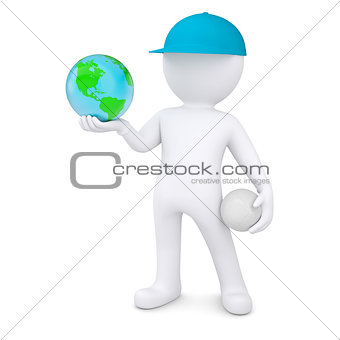 3d man with volleyball ball holding the Earth