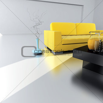 yellow sofa is in an empty light room