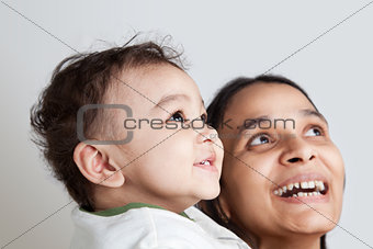 Indian mother and son laughing