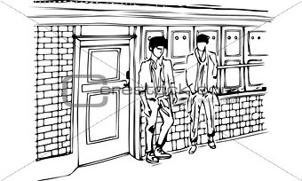 Isolated Vector Illustration of Two Men Standing on The Street By a Doorway