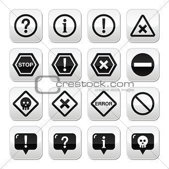 System buttons - warning, danger, error isolated on white