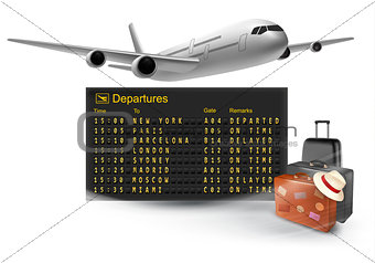 Travel background with mechanical departures board and airline. 