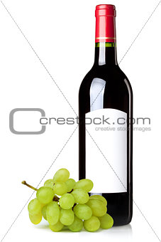 Red wine in bottle and grapes branch