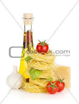 Pasta, tomatoes, basil, olive oil, garlic and parmesan cheese