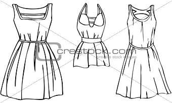 Vector Illustration Set of 3 Isolated Women's Stylish Fashion Summer Dresses