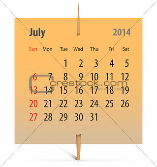 Calendar for July 2014