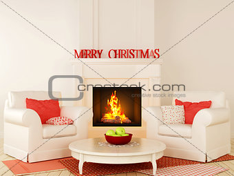 Christmas fireplace and a white chair