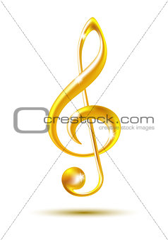 Gold treble clef isolated on white background.