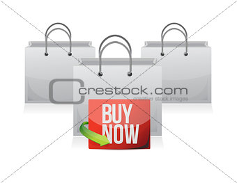 buy now sign on a shopping bag.