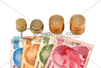 Turkish money and wallet on white background